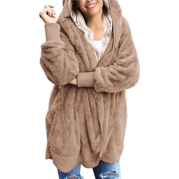 Womens Oversized Sherpa Jacket Long Cardigan Sweaters Fuzzy Fleece - Picture 2 of 5